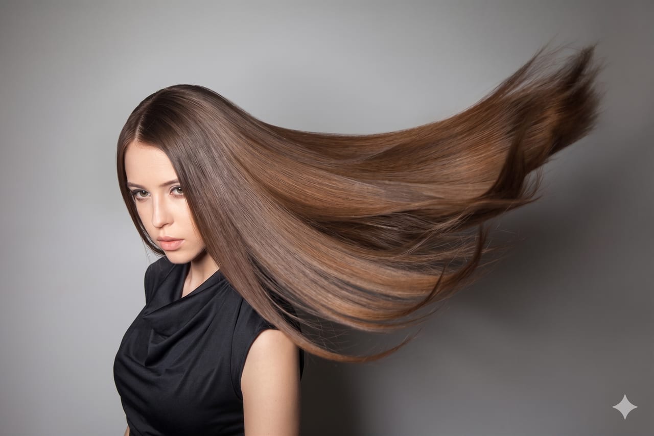 Lange, glatte, glänzende Haare – Ergebnis der Kerasilk Keratin-Behandlung